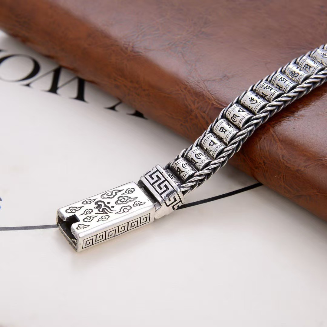 Pure S925 Sterling Silver Chain Six Words Tube Beads Link Bracelet 7.1-8.7inch