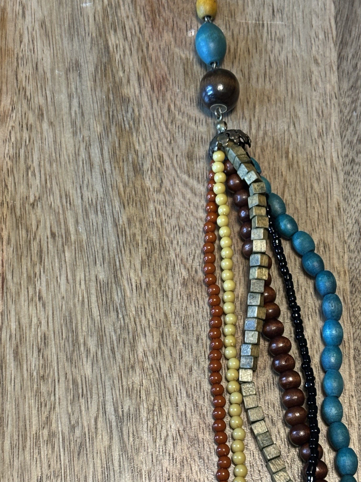 Multi-Strand Beaded Wood Metal Necklace Blue Brown Yellow Black for Women
