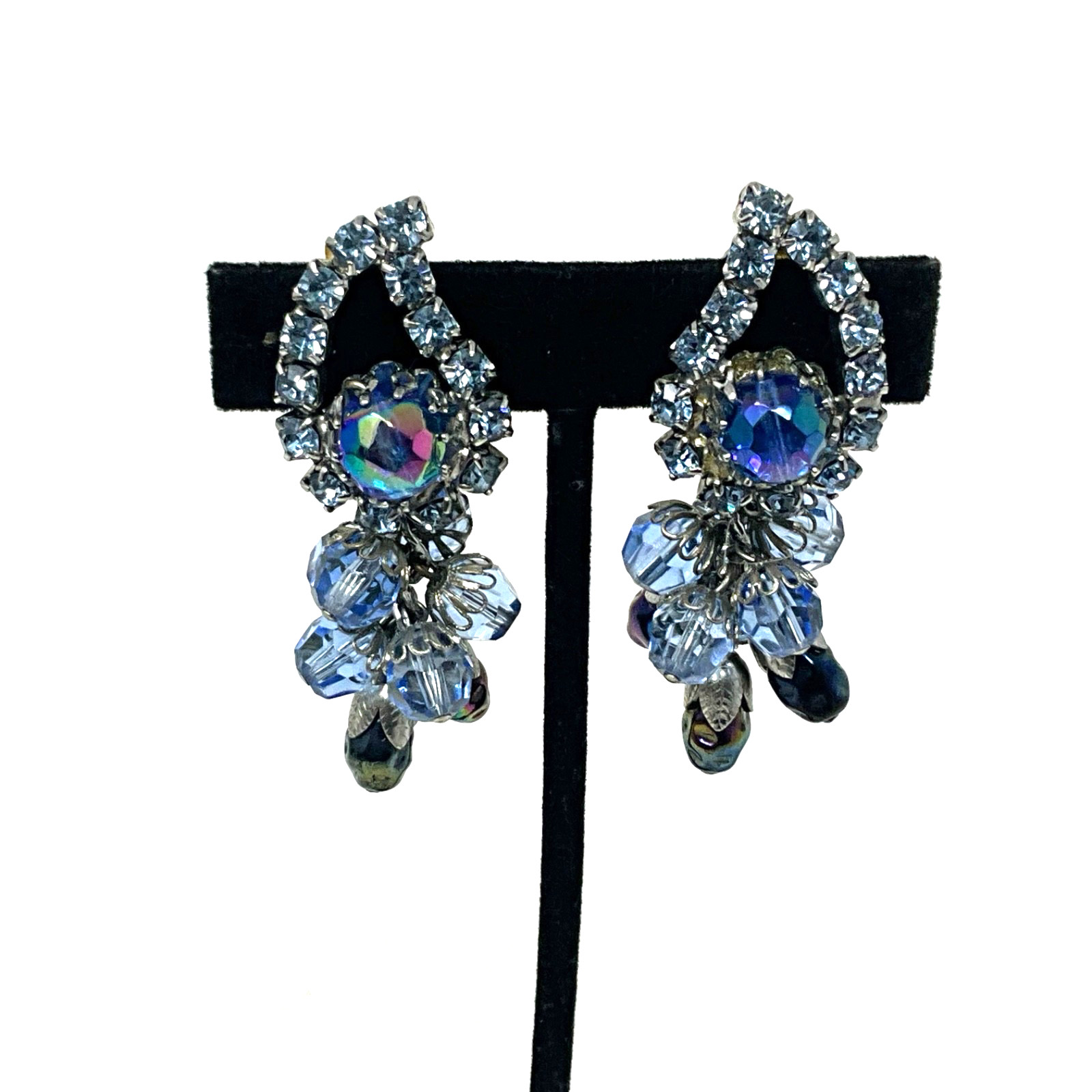 Vintage Signed Hobe Pastel Blue Bead Rhinestone Clip On Earrings Waterfall