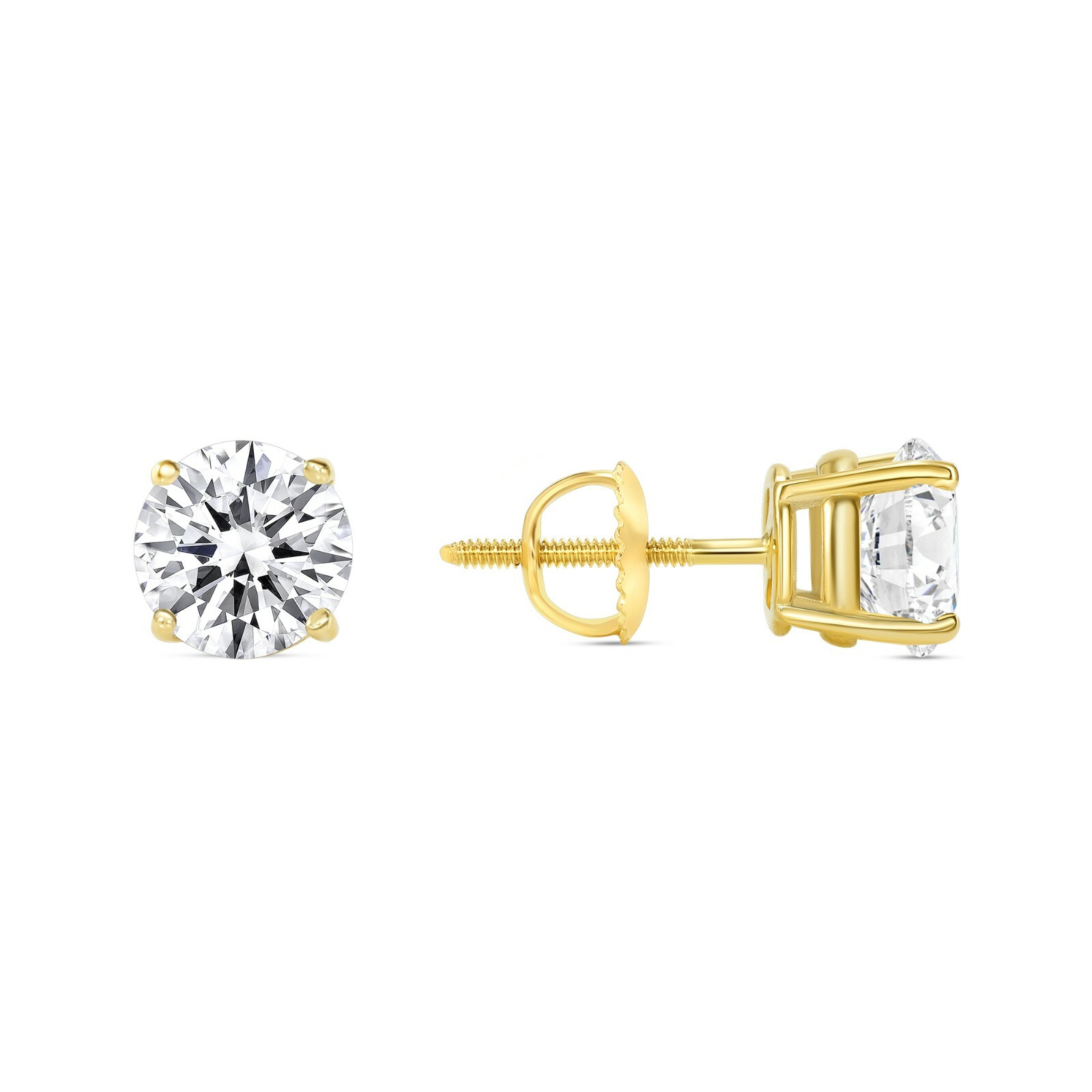 2 Ct Created Diamond Round Cut Real 14K Yellow Gold Stud Earrings Screw Back