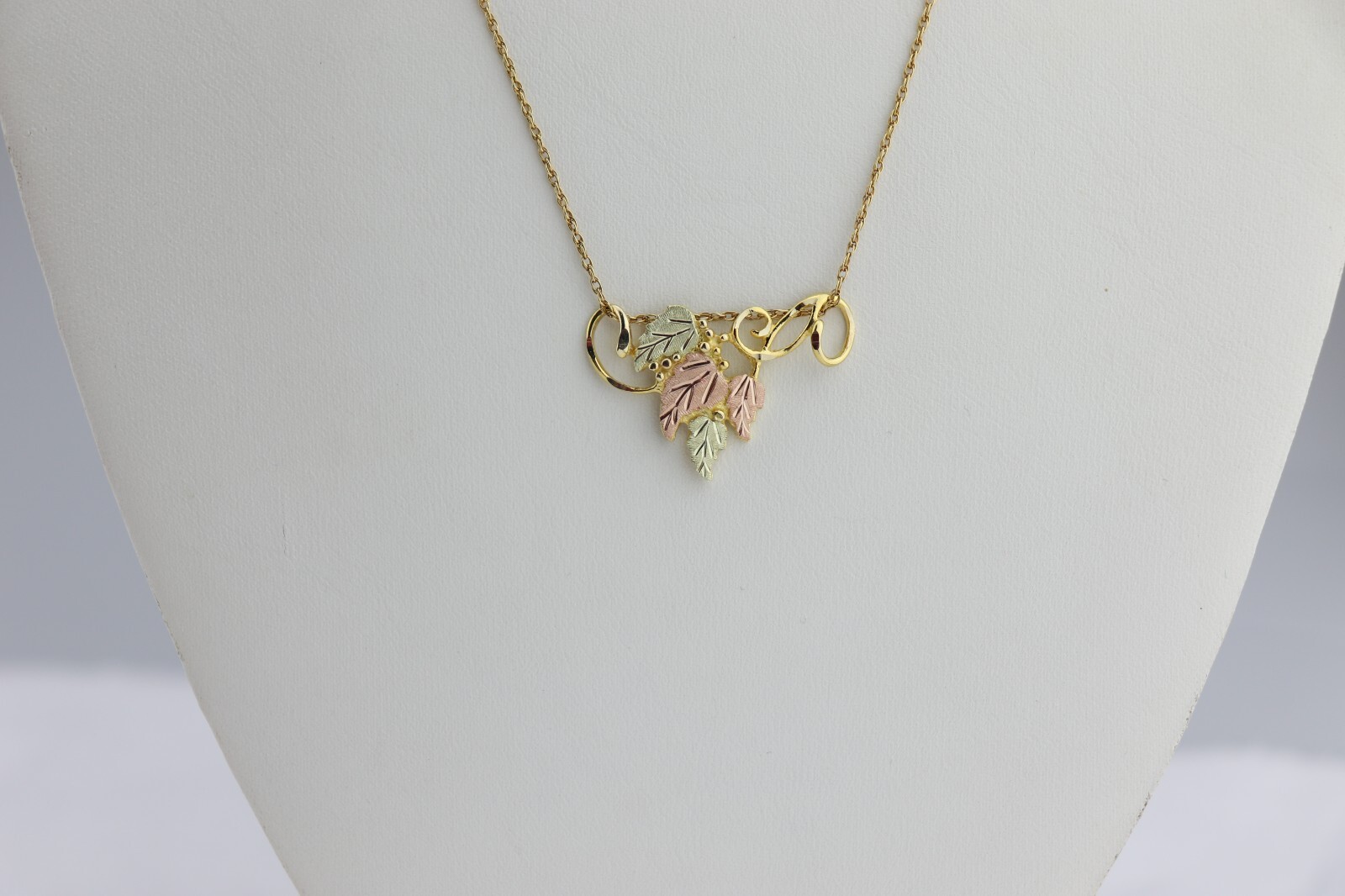 10K & 12K Black Hills Gold Slide Leaf pendant on 14K GF NECKLACE 18″ RGC signed