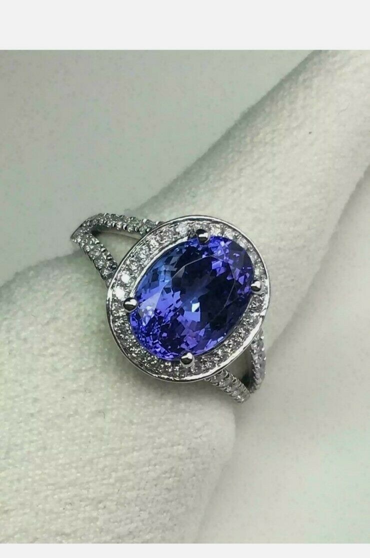 3.94 Ct Oval Cut Natural Sapphire & Diamond Engagemet Ring 14K White Gold Size 6