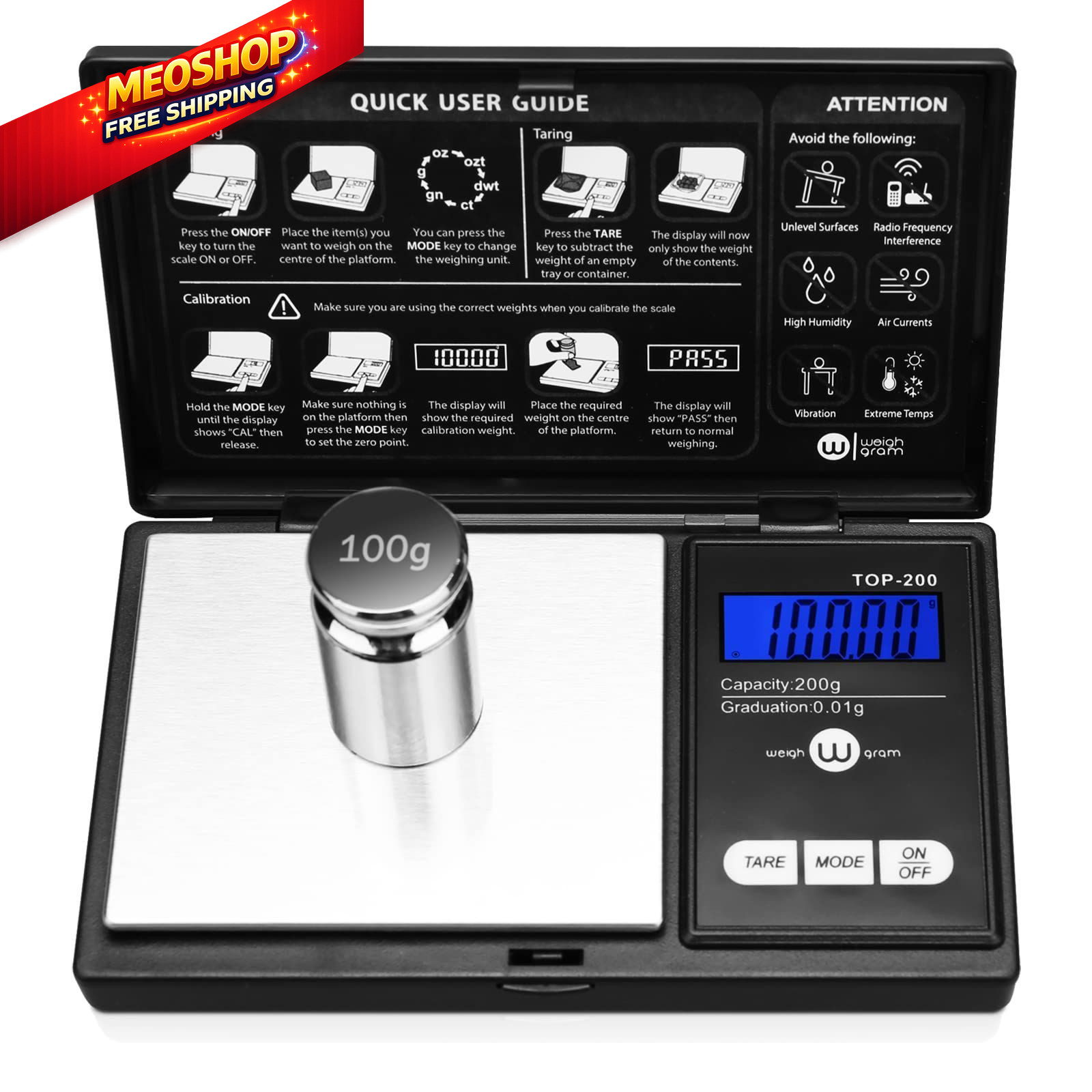 Weigh Gram 200g Digital Pocket / 0.01g (Model: TOP-100), Black