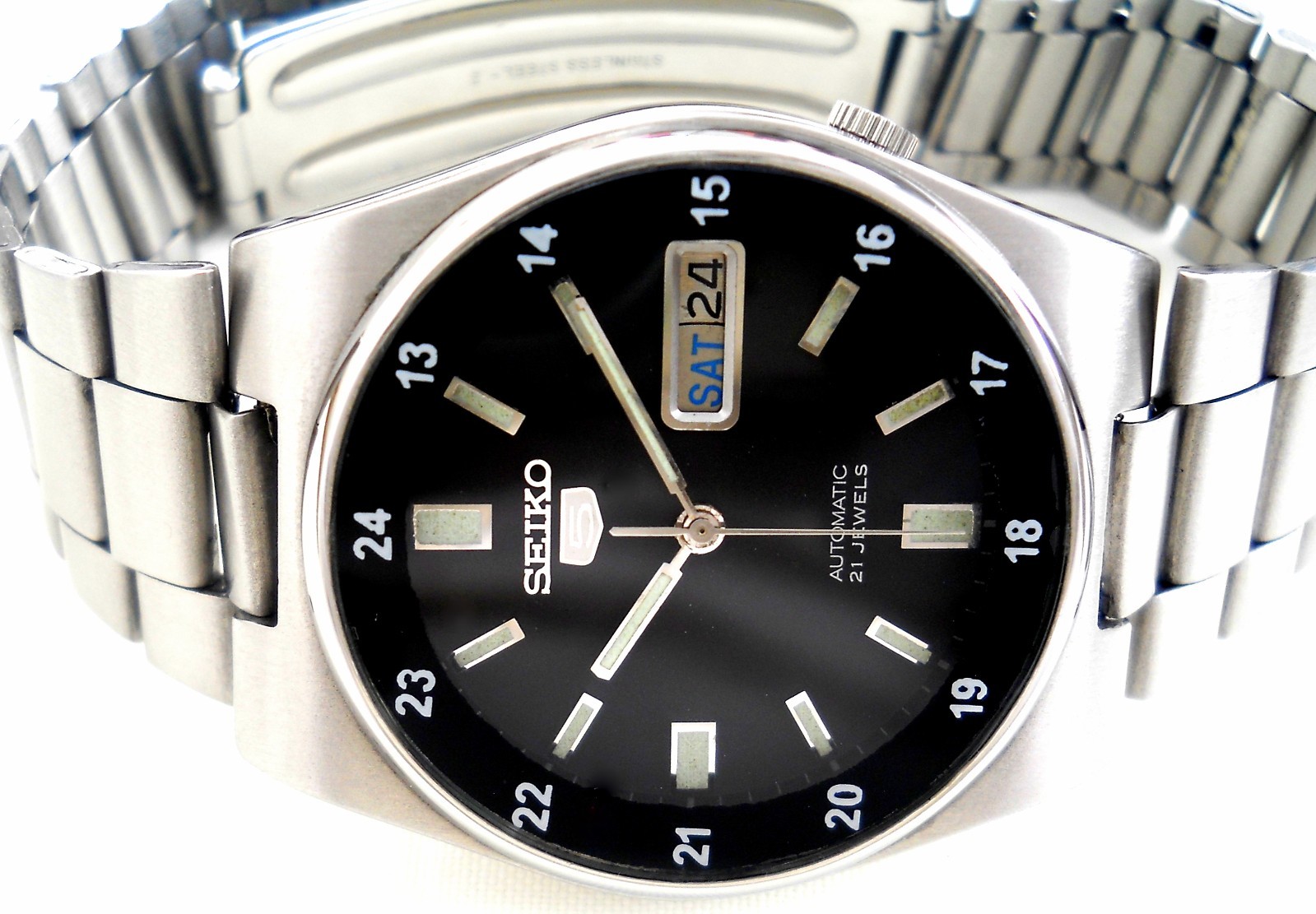 Vintage Seiko 5 Railway Time Automatic Watch Black Military Dial Caliber 7009
