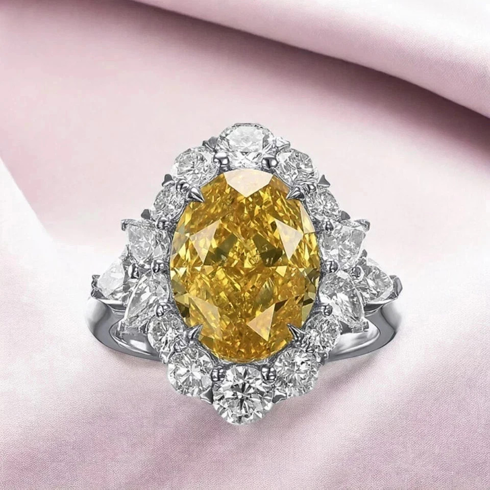 6.60 Ct Oval Cut Natural Yellow Sapphire & Diamond Solid 14K White Gold Ring