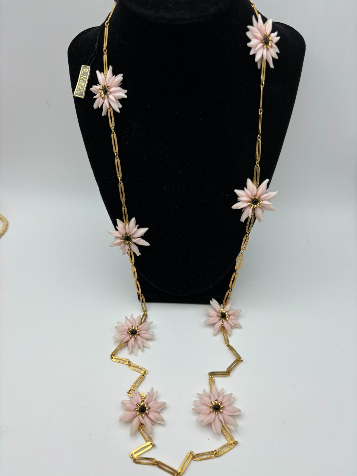 1950s R Mandle Celluloid Flower Rhinestone Gold Tone Necklace-Original Tag