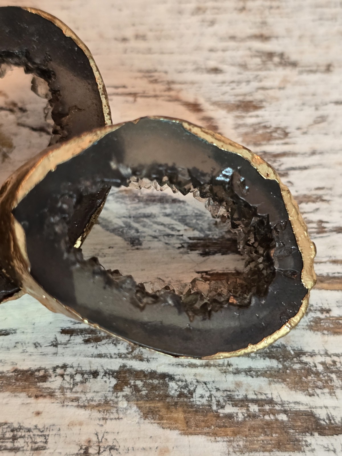 Geode Druzy Statement Earrings Gold Tone Black Crystal Slice Jewelry #262
