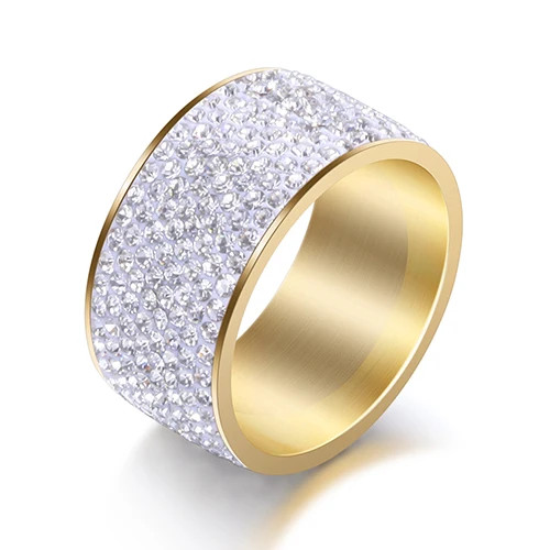 Crystal Pave Ring 8 Row Stainless Steel Gold Plated Wide Band Women Jewelry