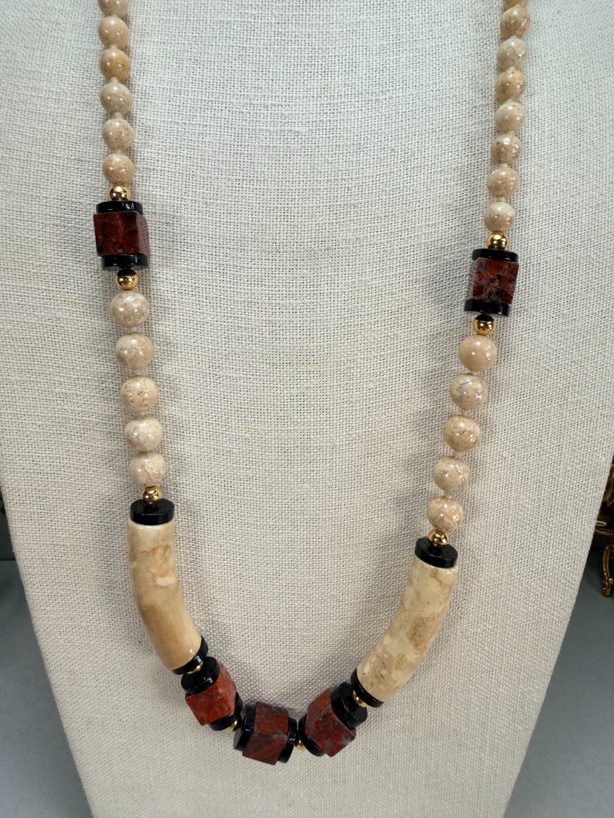Vintage Ceramic -Jasper Beaded Statement Necklace Black Beige Brown Long Strand