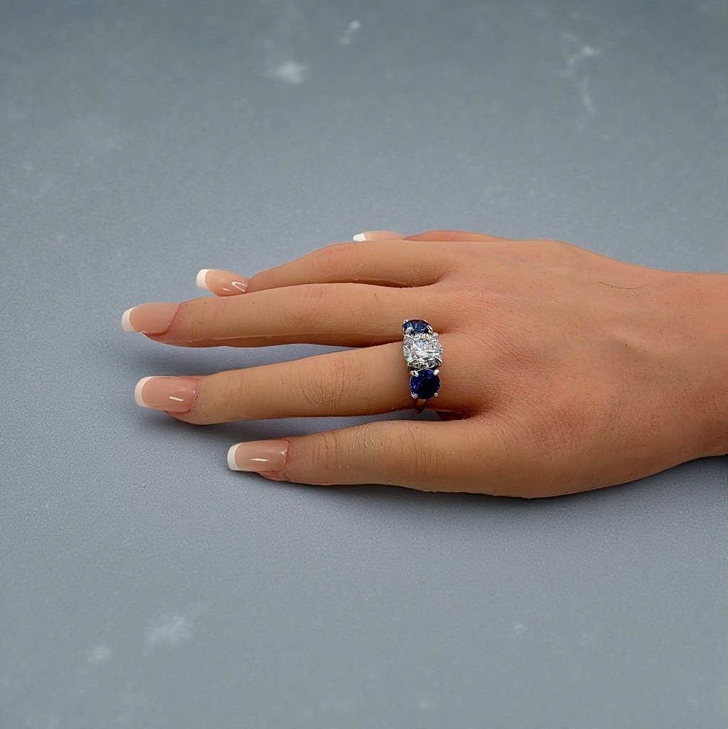 4.00 Ct E VS1 Sapphire and Diamond Lab Grown 3 Stone Ring 14k White Gold