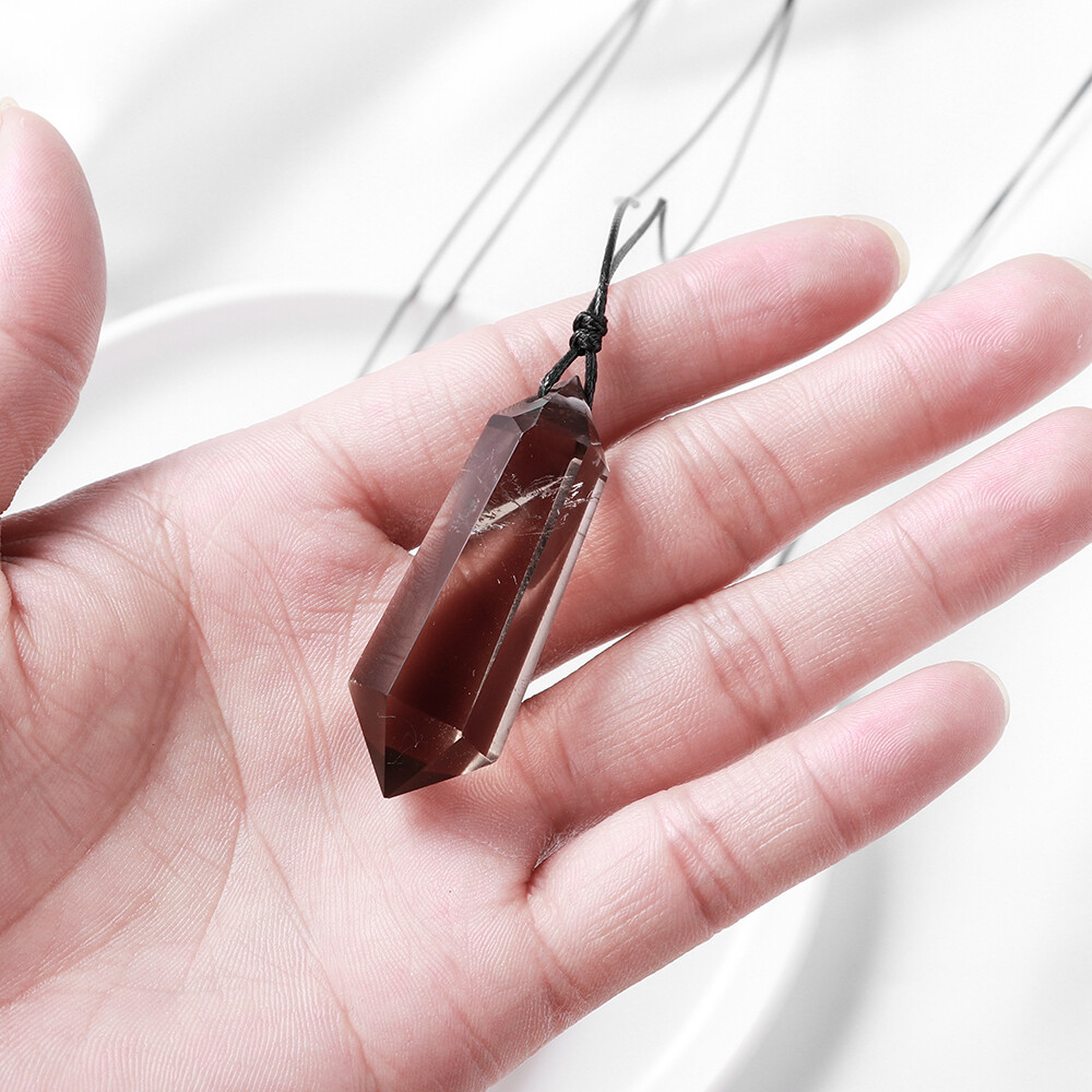 Smoky Quartz Crystal Double Point Pendant Natural Necklace Hexagonal Stone