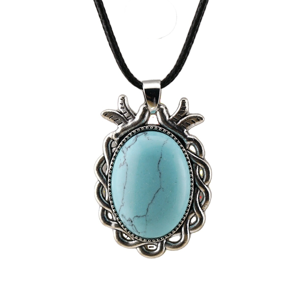 Natural Gemstone Oval Pendant with Lace and Bird Feather Wrapped Necklace