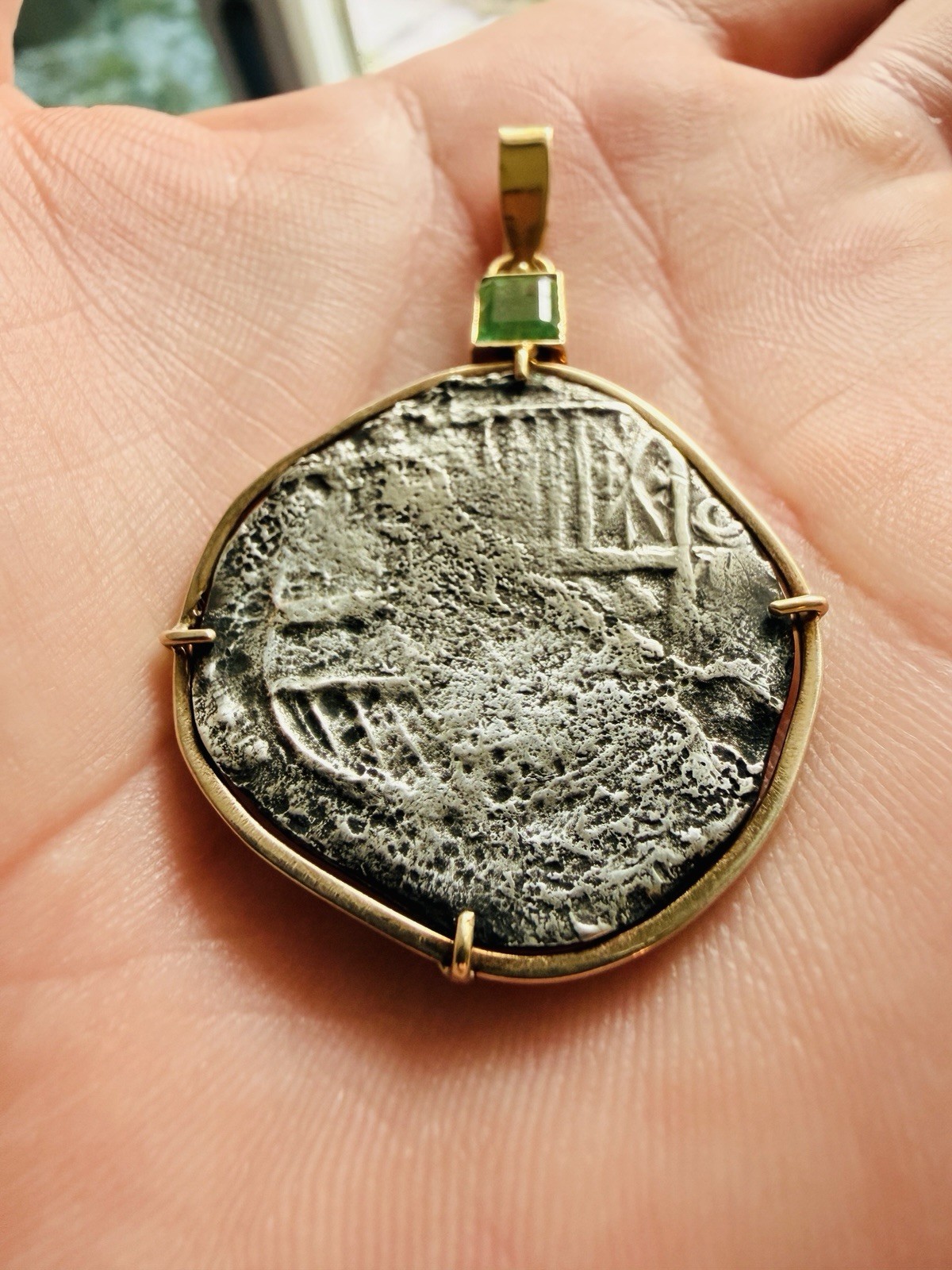 Authentic Atocha 8 Reales Pendant 14k Gold Bezel Emerald with COA Shipwreck Coin
