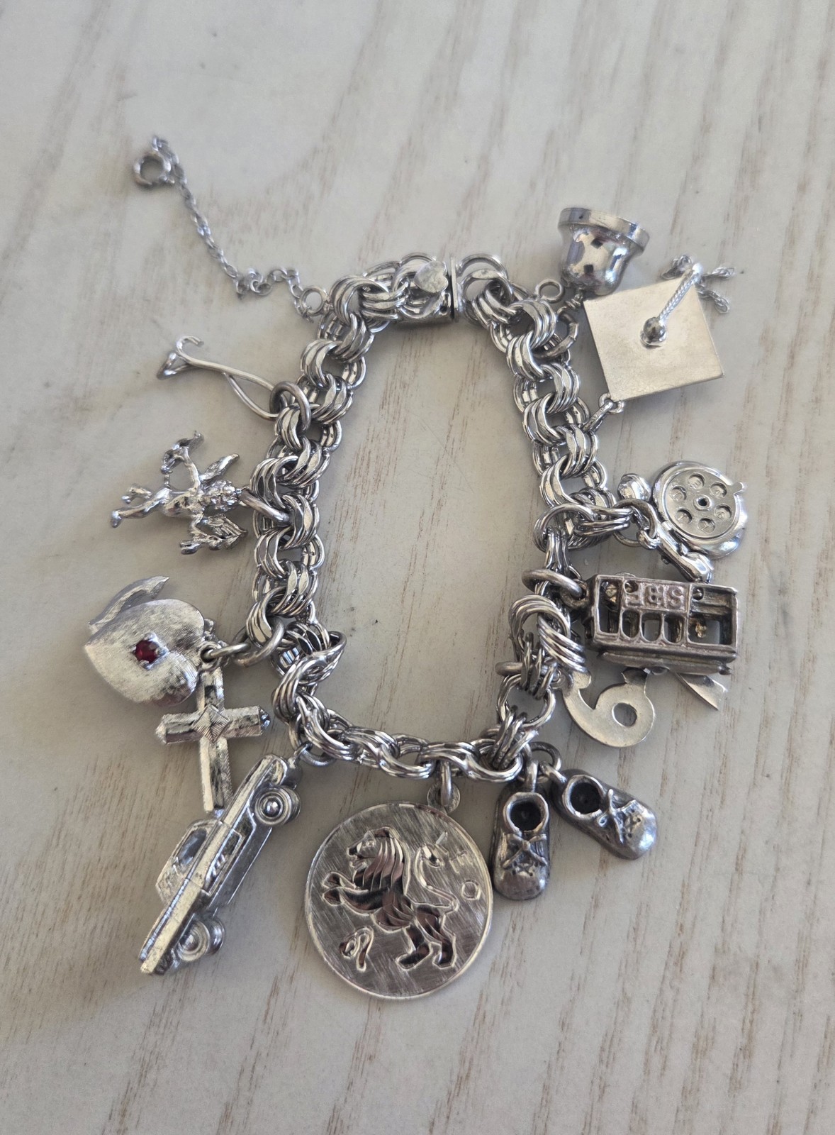 VTG Elco Double Link CHARM Bracelet 13 Charms Sterling Silver 7″ 45 Gram