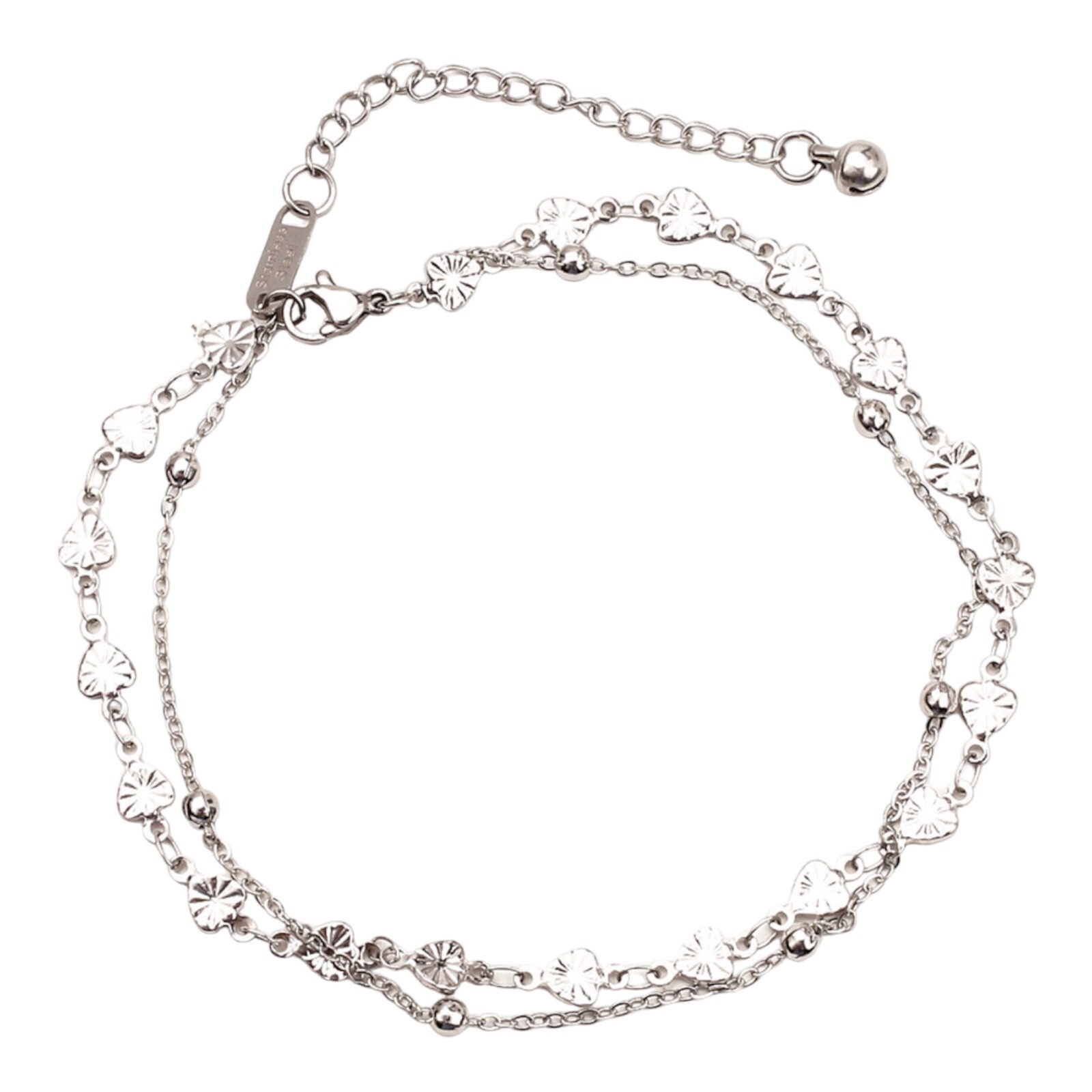Anklet Ankle Double 2 Chain Bracelet Heart Links Beaded 304 Stainless Steel