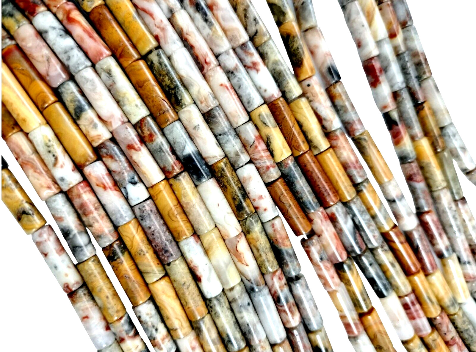 Crazy Lace Agate 4 x 13mm Smooth Tube Beads 15.5″ Strand 28 Beads Multicolor