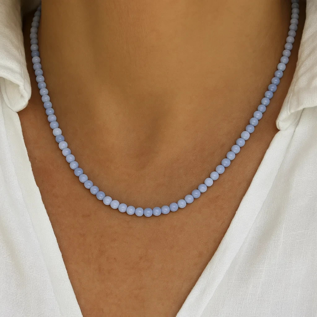 Blue Lace Agate 4mm Round Bead Choker Calming Healing Reiki Energy Necklace Gift