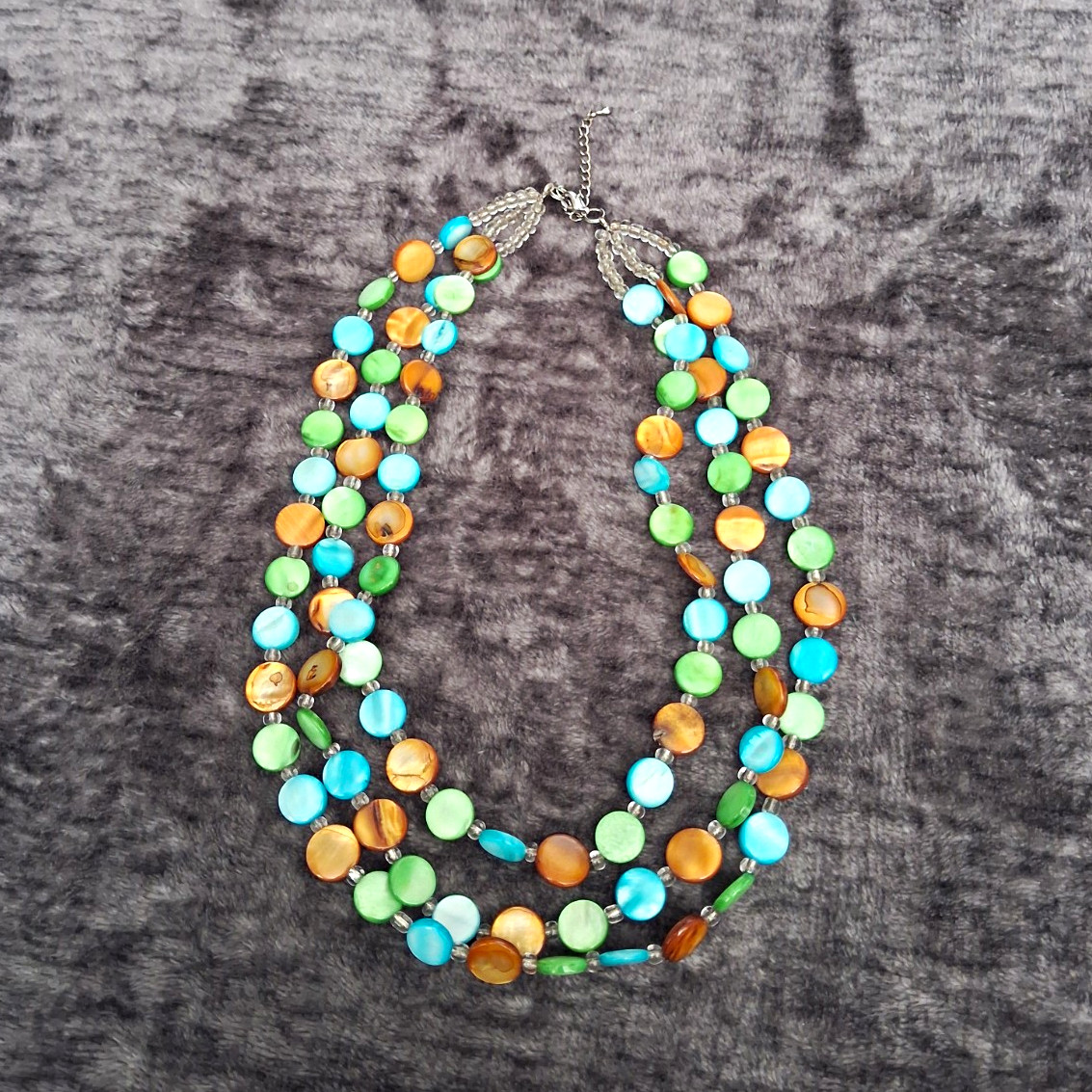 3 strand Multicolor Beaded Necklace, Adjustable Lobster Clasp Green, Brown, Blue