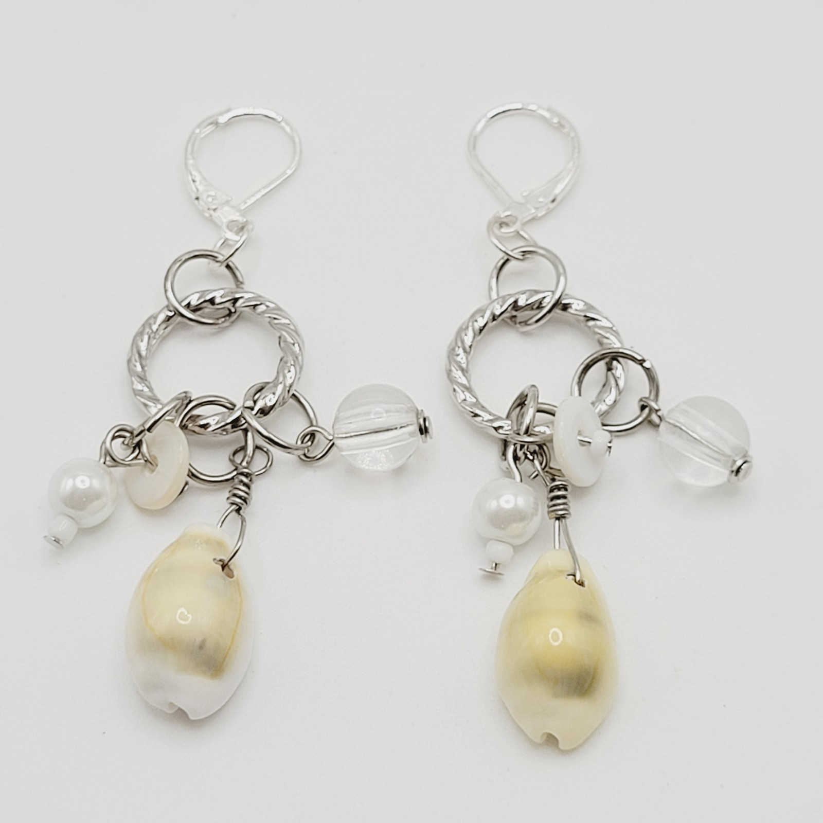 Handcrafted Boho Cowrie Shell Dangle Earrings Silver Tone Cluster Beaded Coastal