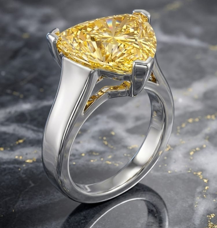 RARE 4.30 Ct Certified Trillion Yellow Natural Diamond Ring White Gold Finish