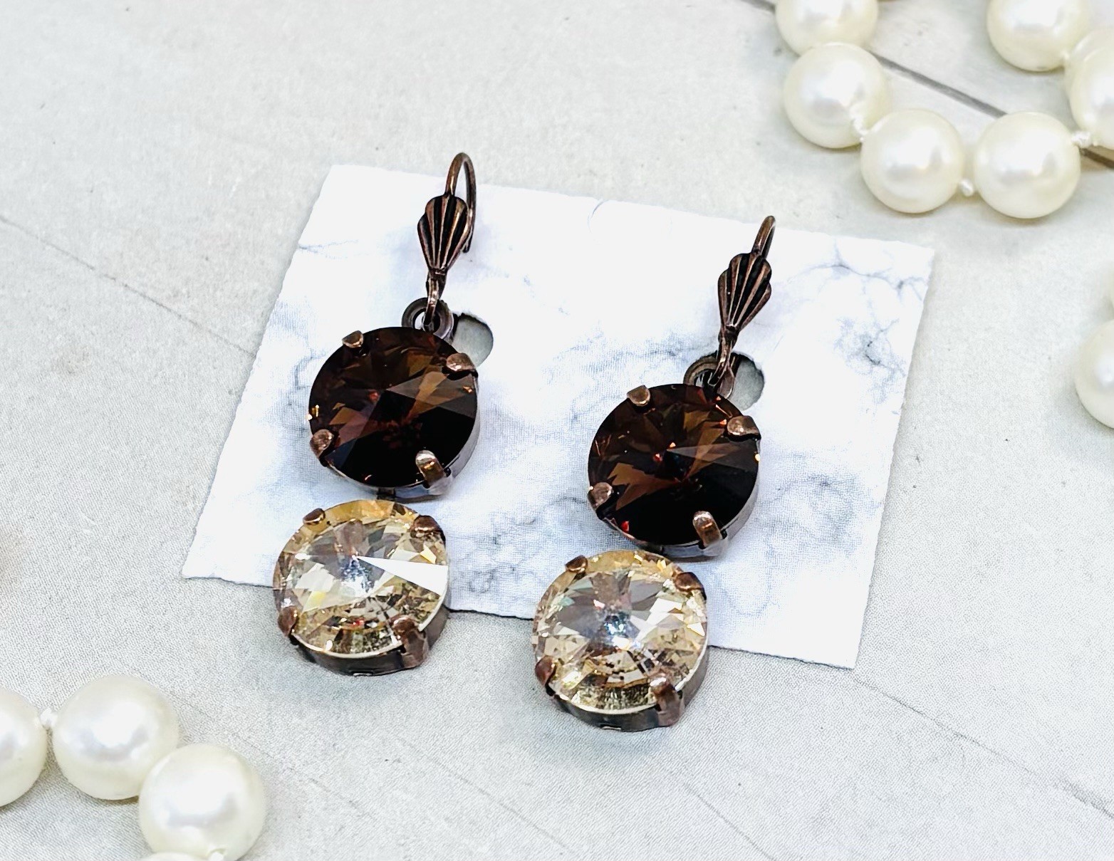 Antique Copper 12mm Chocolate Brown And Cream Double Stone Earrings