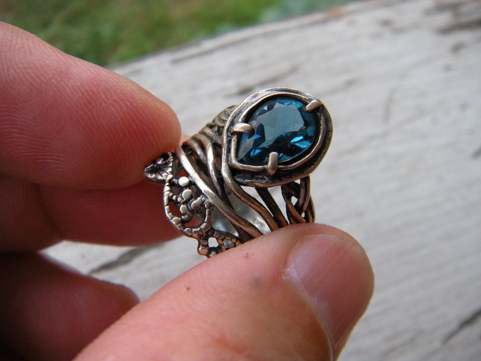 Aquamarine Tear Drop PZ Paz Creations Sterling Silver Brutalist Israel Ring 5.5