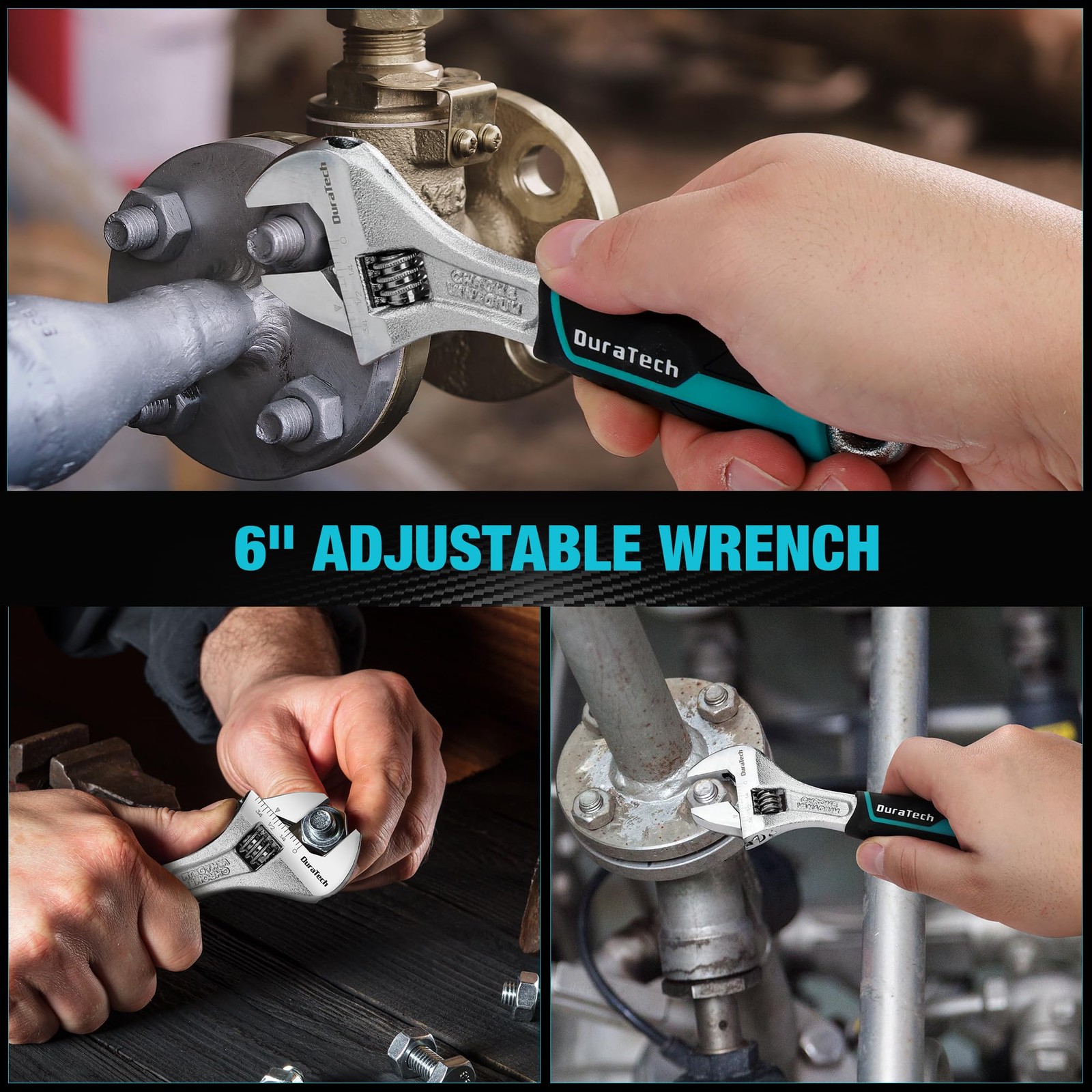 DURATECH 6-Inch Adjustable Cr-V Steel Wrench, Wide Jaw 6 inch, Black