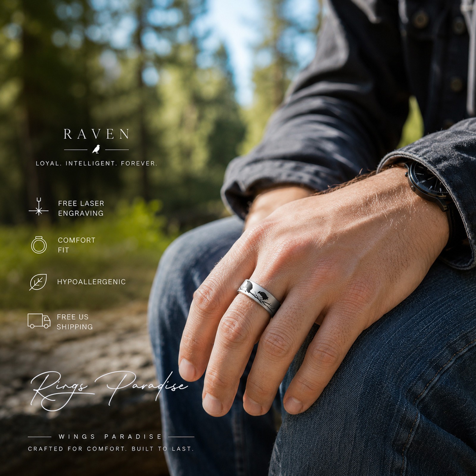 Raven Ring | Black Tungsten Wedding Band With Tree Branch Engraving