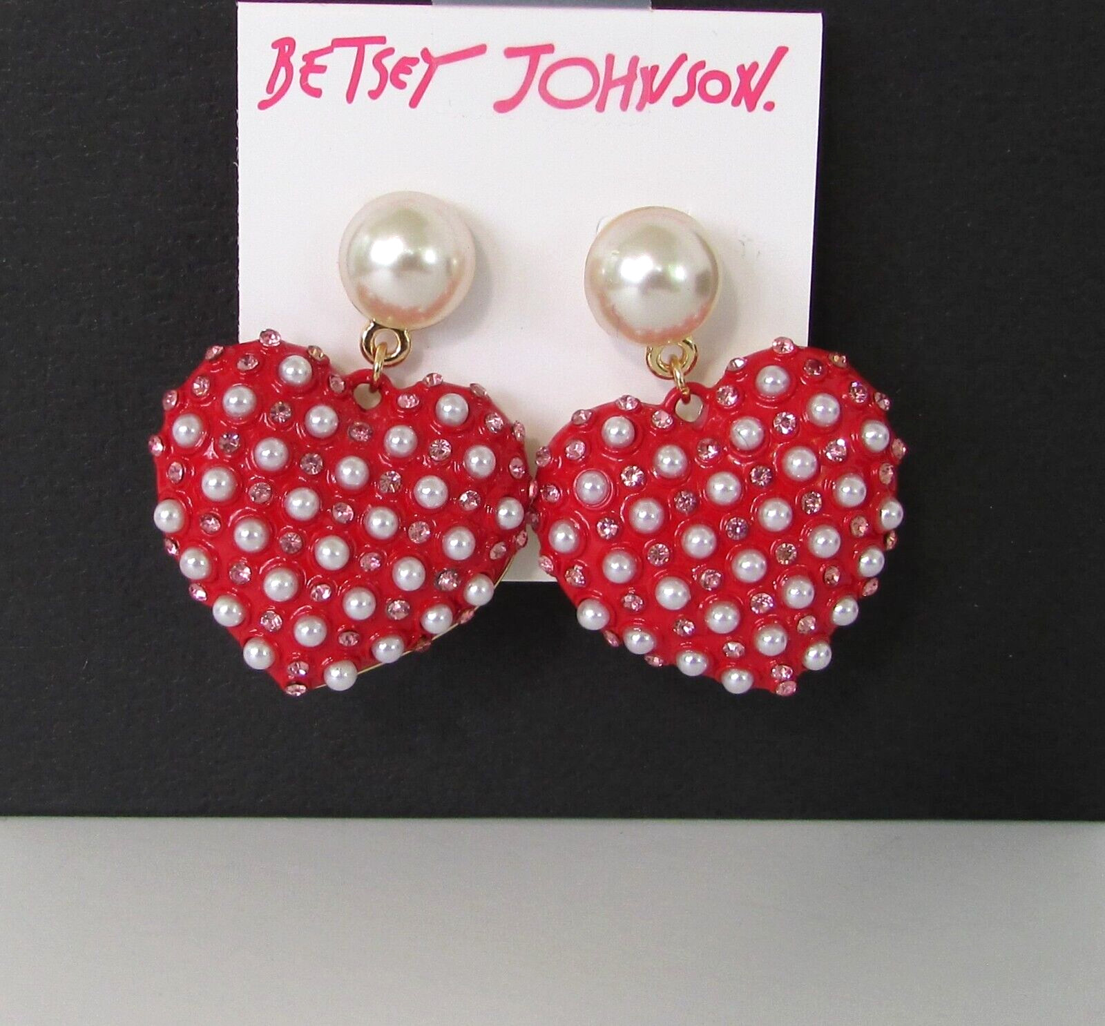 Betsey Johnson Red Heart Drop Earrings Faux Pearls GIFT BOX NWT