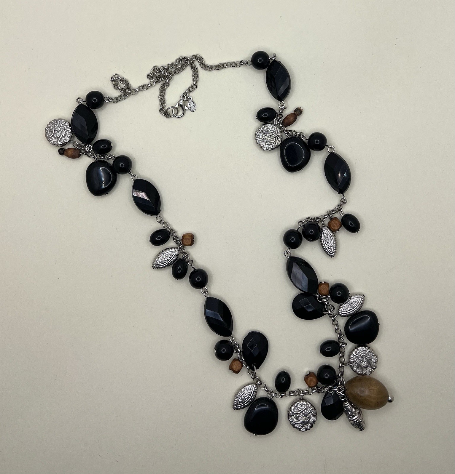 Vintage Premier Designs Necklace 28” Silver Tone Mixed Elements – Wood-Resin