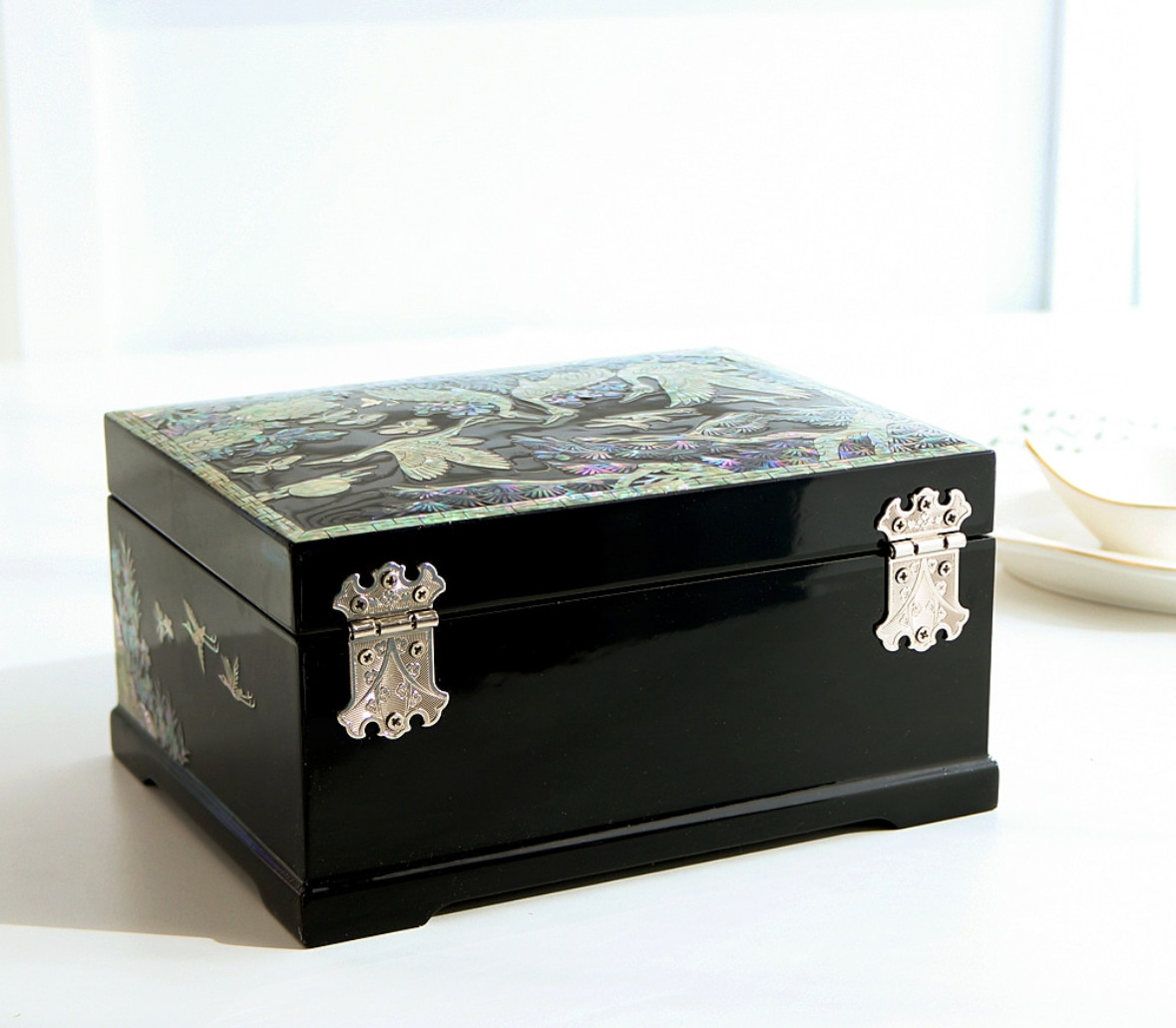 Handcrafted Korean Mother-of-Pearl 2-Tier Jewelry Box – Longevity Crane Motif