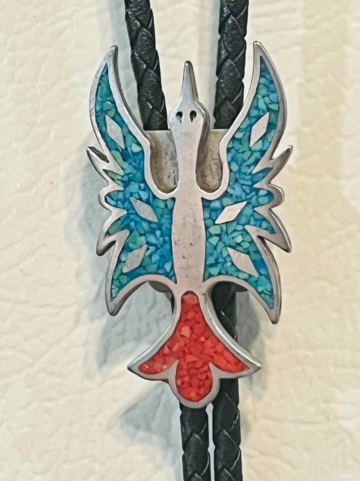Vintage Western Turquoise Silver Peyote Bird Bolo Tie
