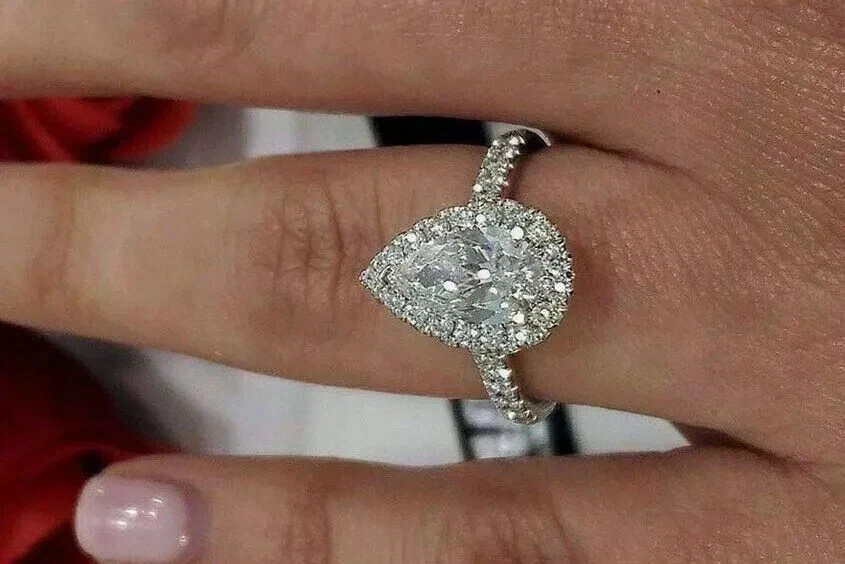 1.50Ct Pear Moissanite Halo Style Engagement Wedding Ring 14k White Gold Plated