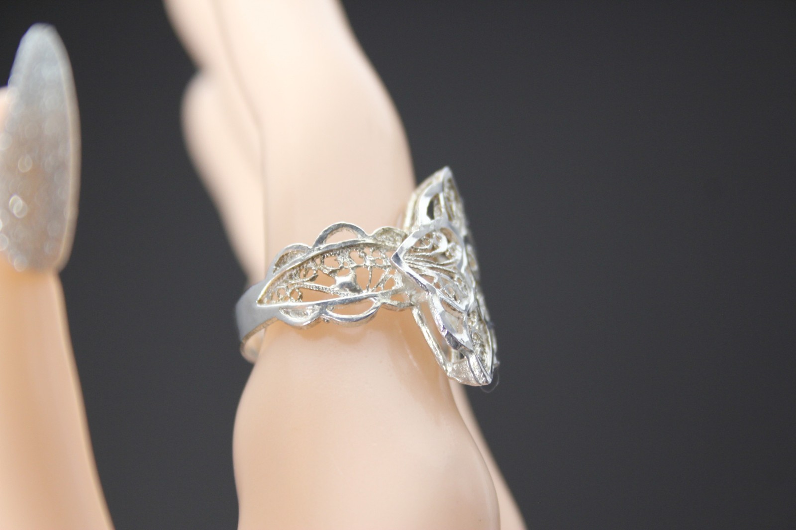 925 Sterling Silver Artisan Marquise Filigree Heart Size 8.75 Ring 3.2g(RIN9703)