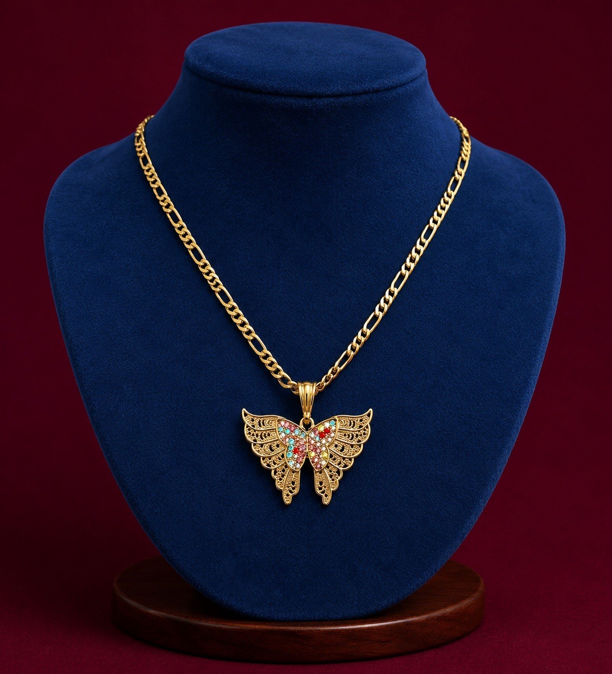 Gold-plated none tarnishCurb Chain Butterfly Multicolor Simulated Crystal Char