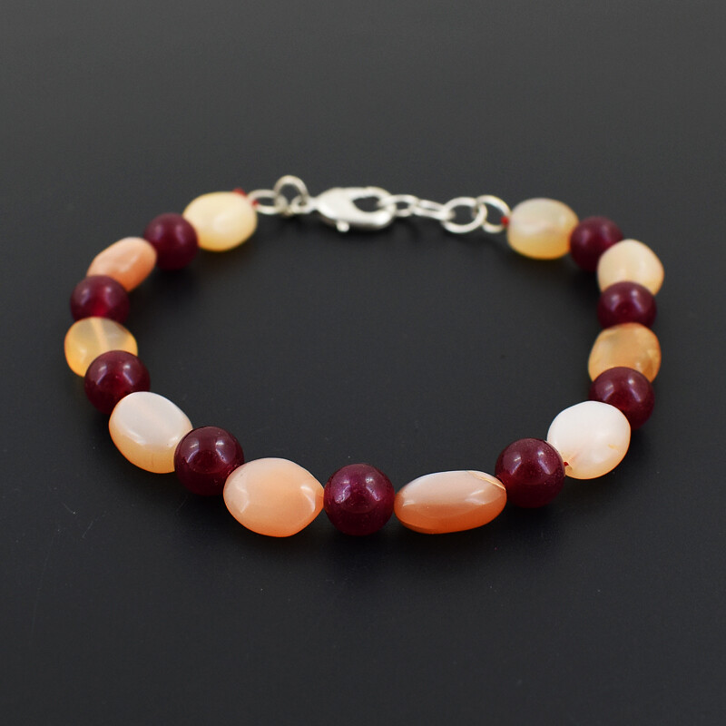79 Cts Earth Mined 7″ Long Red Ruby & Peach Moonstone Beads Bracelet JK 30E326