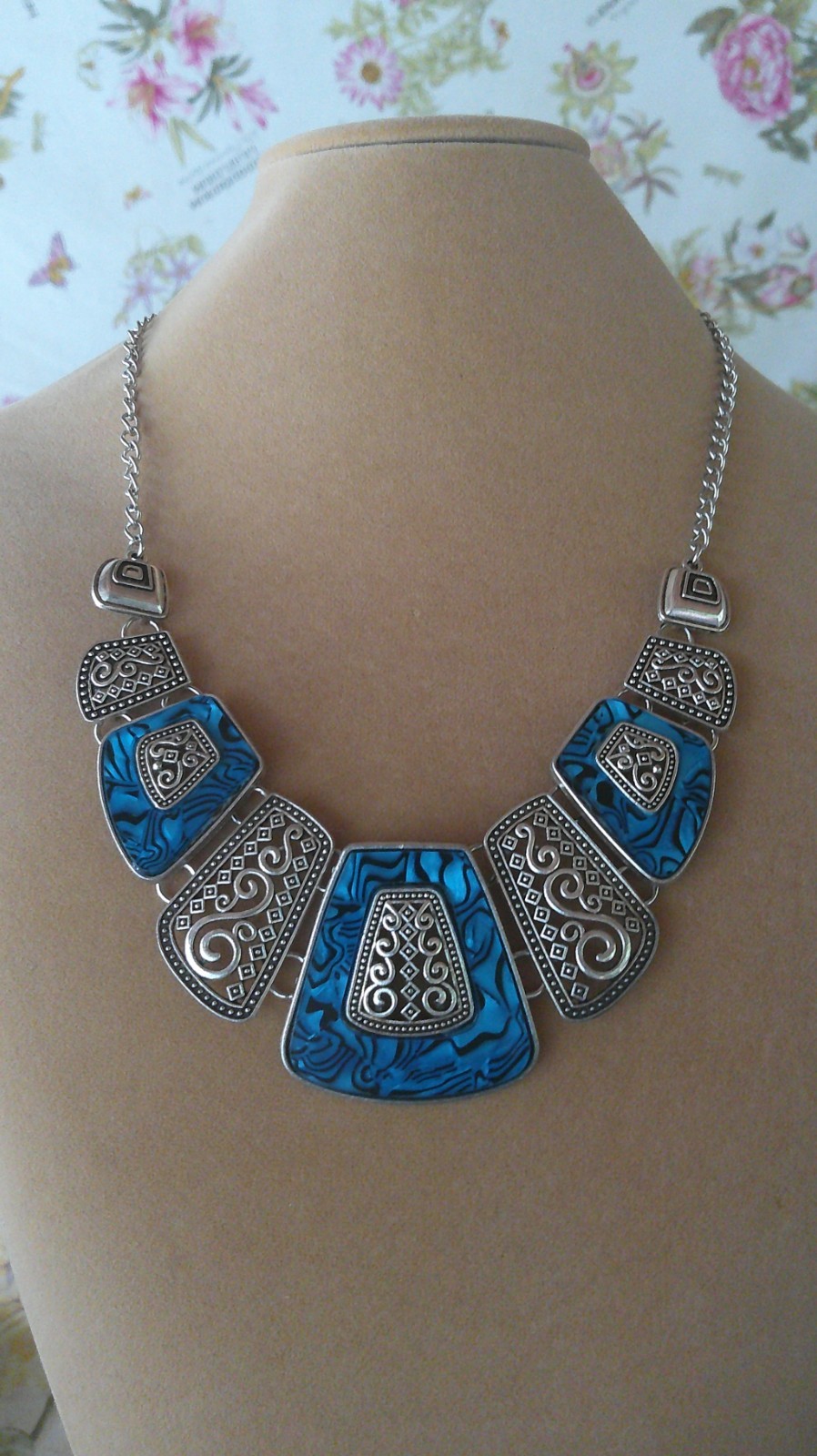 Blue and Black Enamel Adjustable Necklace Silver Tone with Lobster Clasp