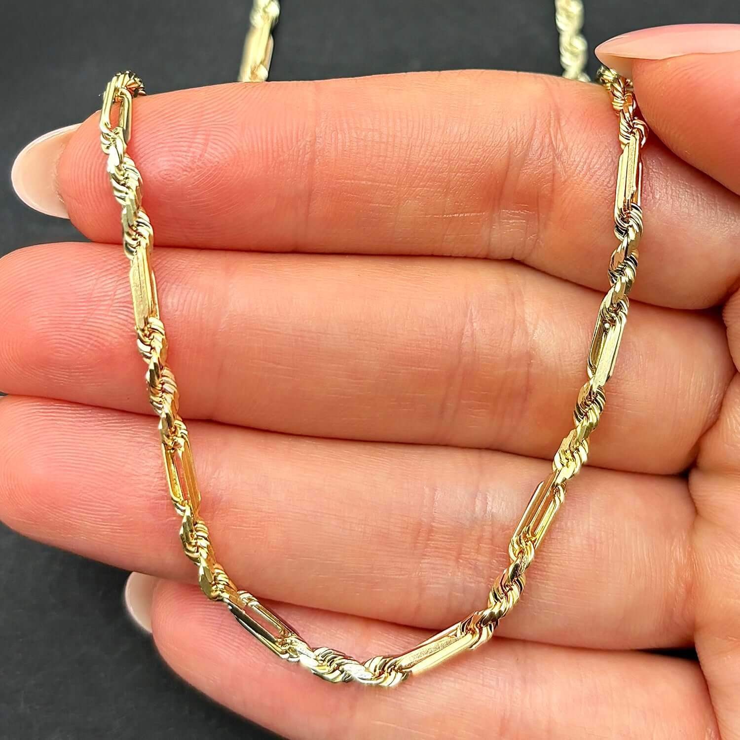 14K Tri-Color Gold Rose White 3mm Figarope Chain (Solid Links) 22″-26″