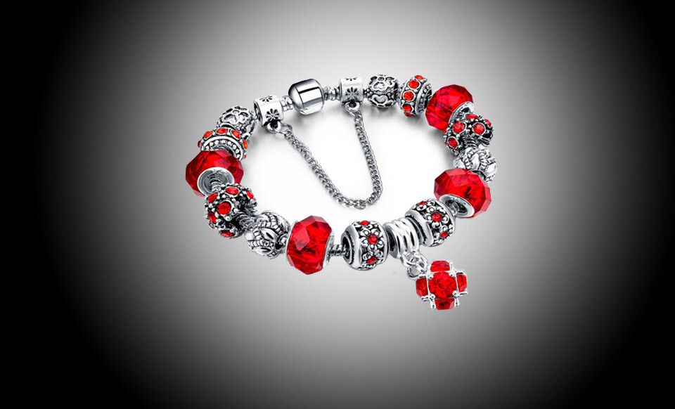 18K White Gold Plated Crystal RED CZ Charm Bracelet Made with Swarovski Element