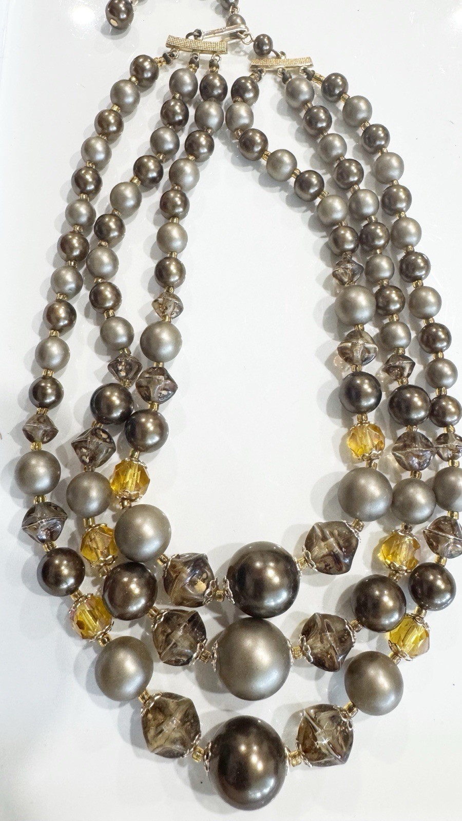 Vintage 3-Strand Simulated Pearl & Amber Bib Style Choker Statement Necklace