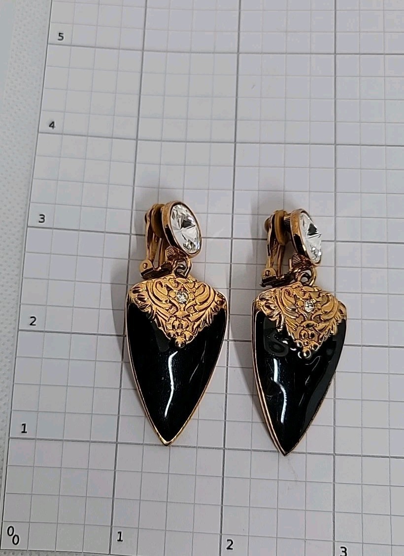 Bijoux Designs NY Signed Black Enamel Rivoli Rhinestones Dangle Clip-on Earrings