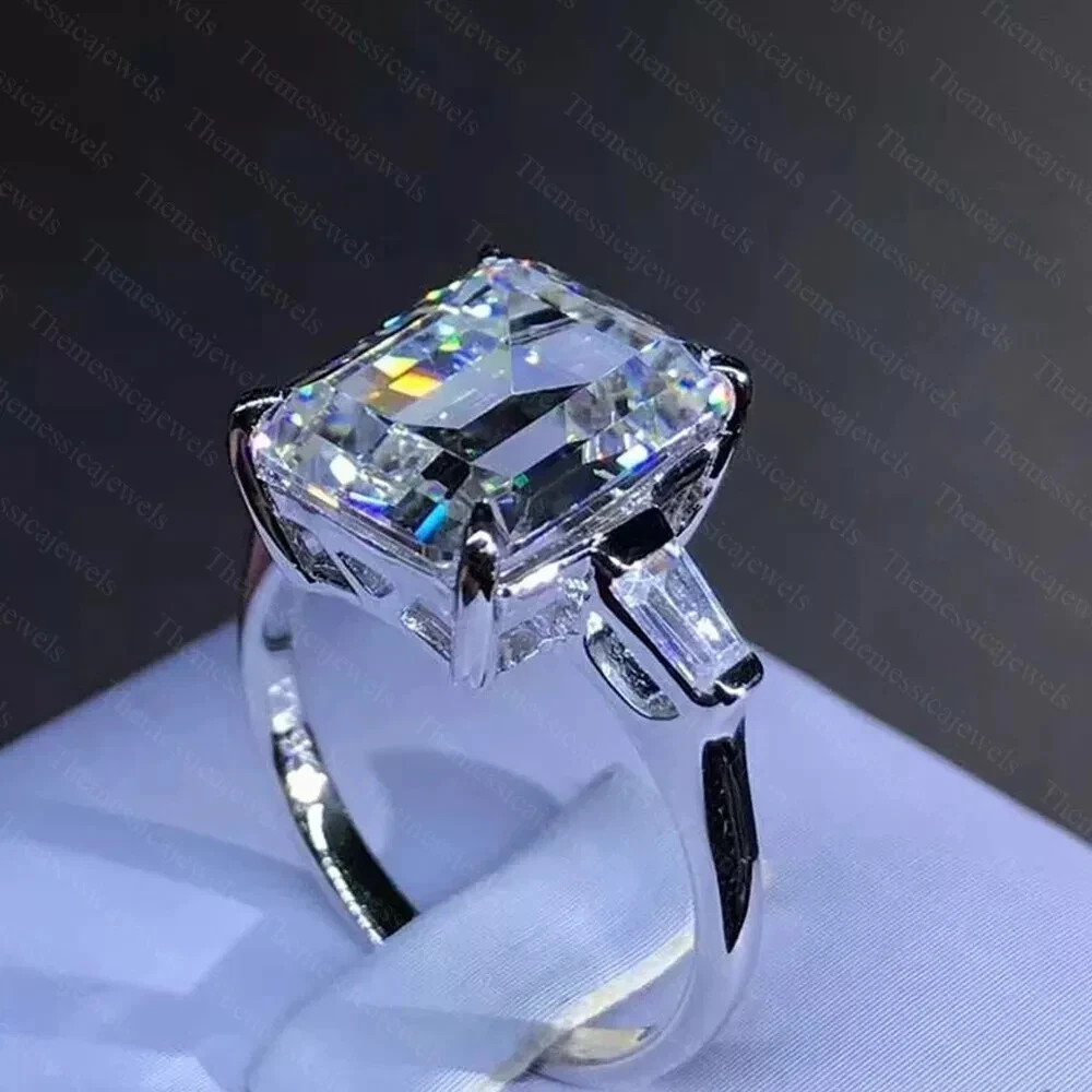9.0TCW Emerald Cut Moissanite 3-Stone Engagement Ring In 14k White Gold Plated
