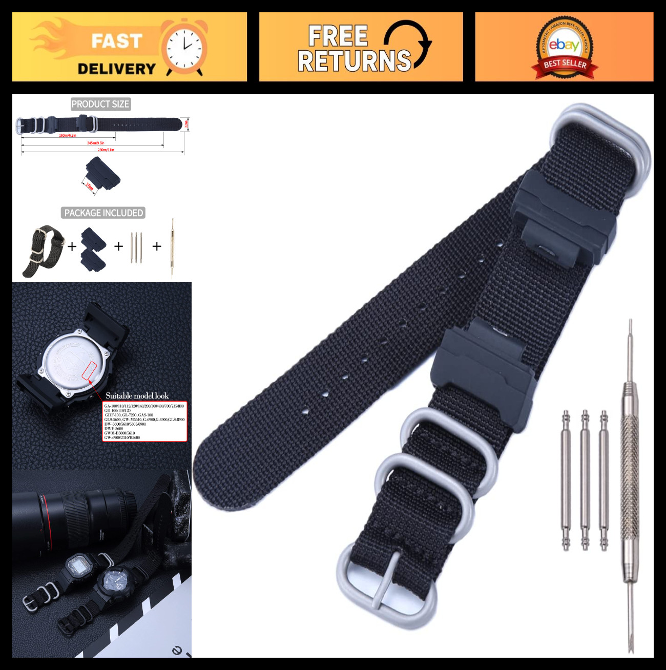 16mm Nylon Watch Band Strap + Adapters for Casio Series – Durable Replacement Ac