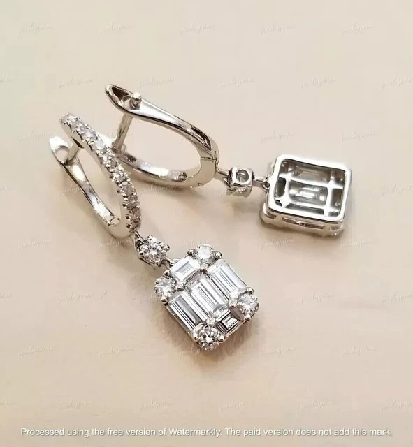 14K White Gold Plated Diamond Drop Earring 2 Ct Baguette Cut Lab-Created Women’s