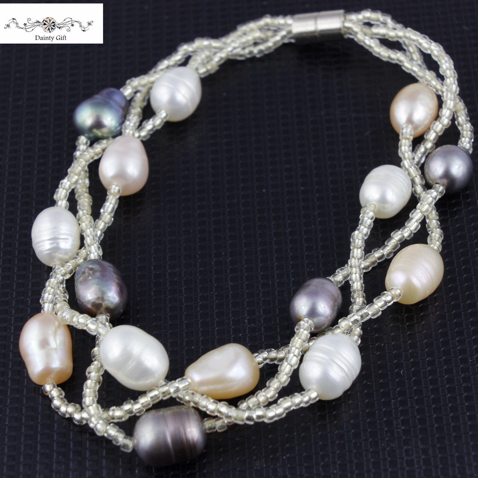 Women Real Black Pearl / Pink /White Pearl Twist Bead Mix Pearl Bracelet 7.5″
