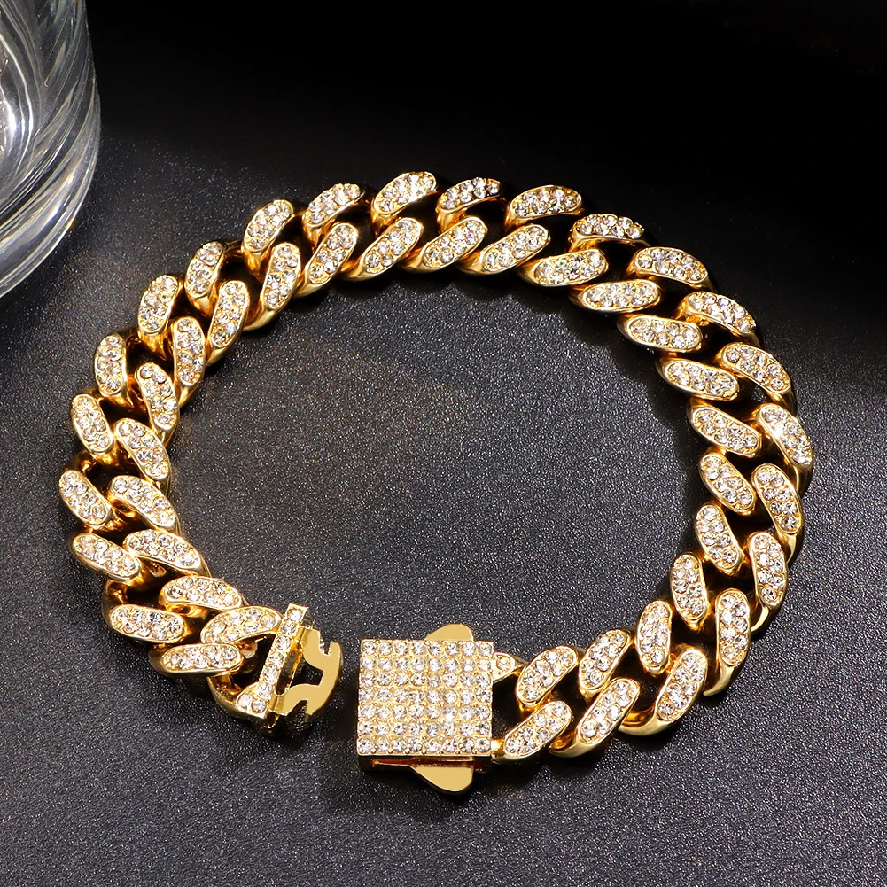 Iced Out Cuban Link Chain Bracelet for Men and Women Gold Tone Rhinestone Wristb