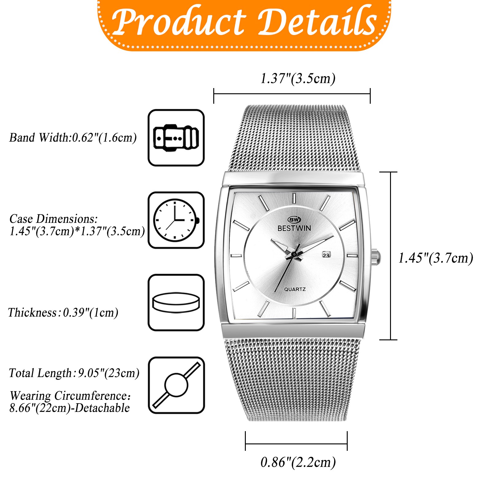Mens Square Waterproof Luminous Date Quartz Wristwatch Stainless Steel Mesh Band