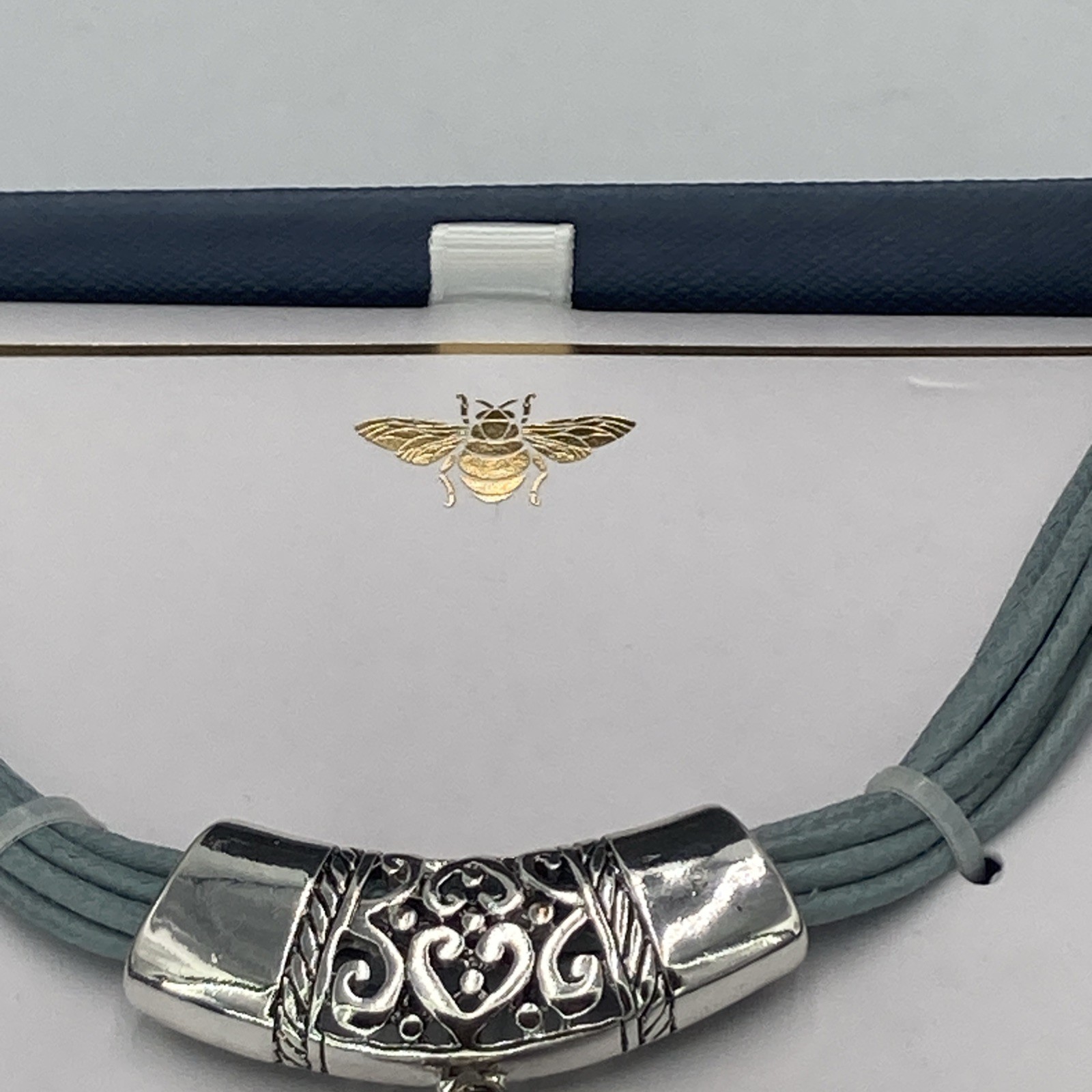 Statement Necklace Silver Tone Medallion Pendant Blue Faux Gem Cord New in Box