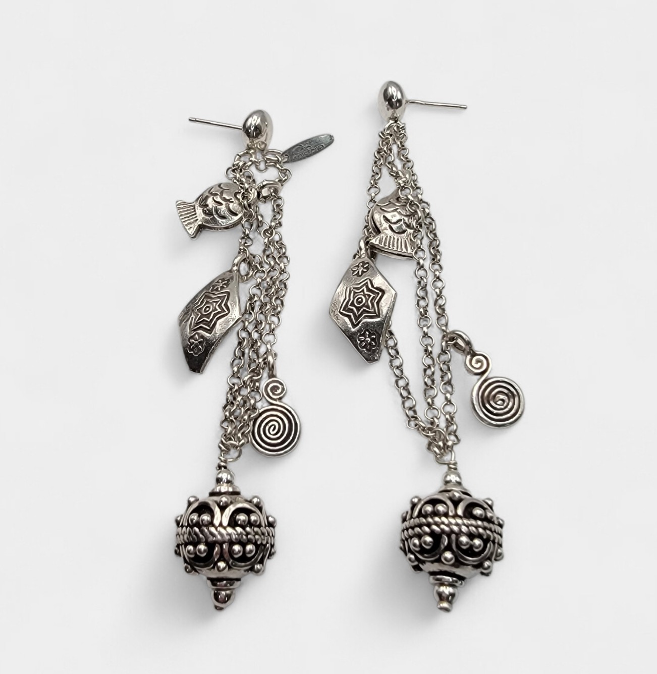 ​Vtg Misteria Sterling Silver Earrings 3.25 Long Shoulder Duster Fish Charms 19g