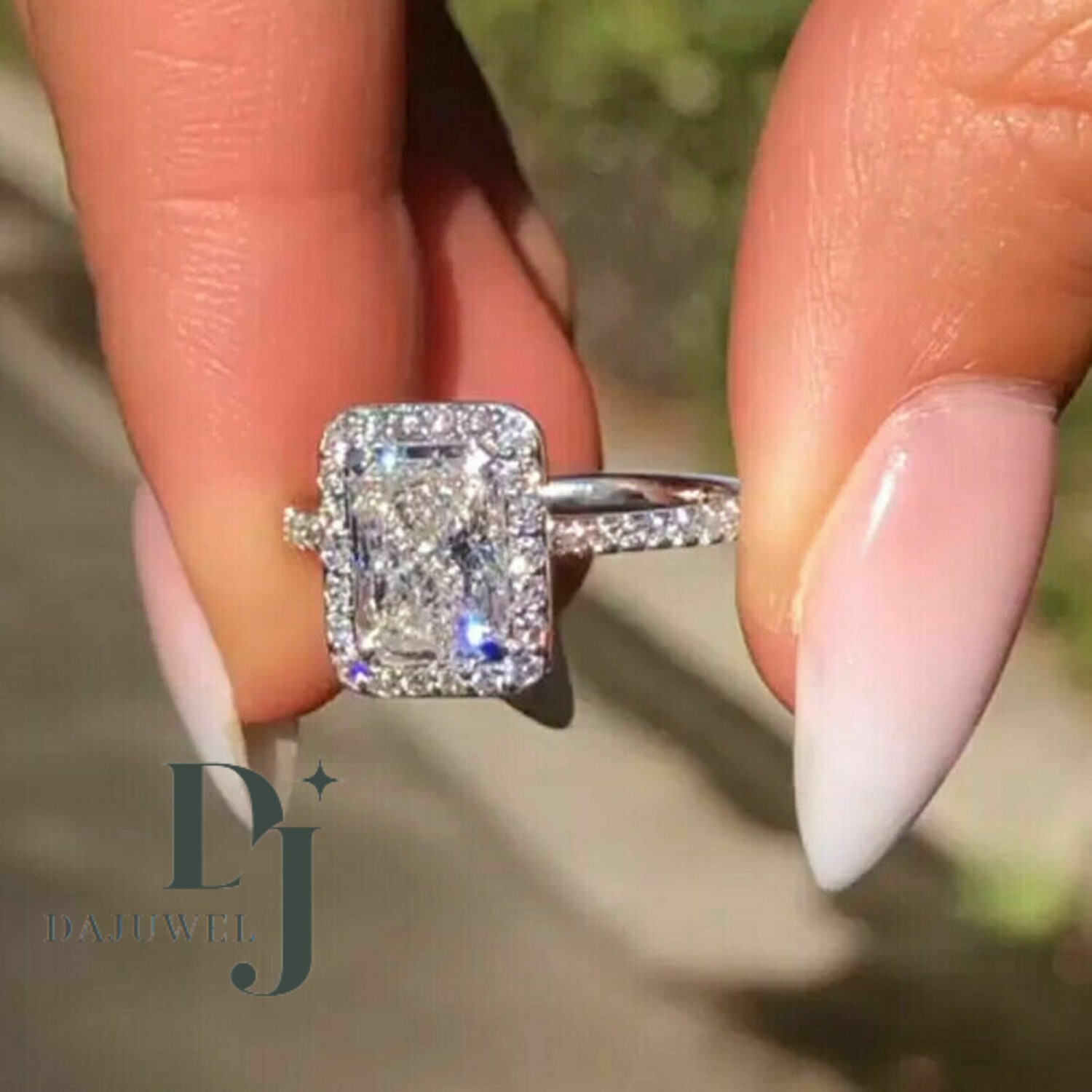 3 Carat Radiant Cut Moissanite Halo Wedding Engagement Ring Solid 14K White Gold